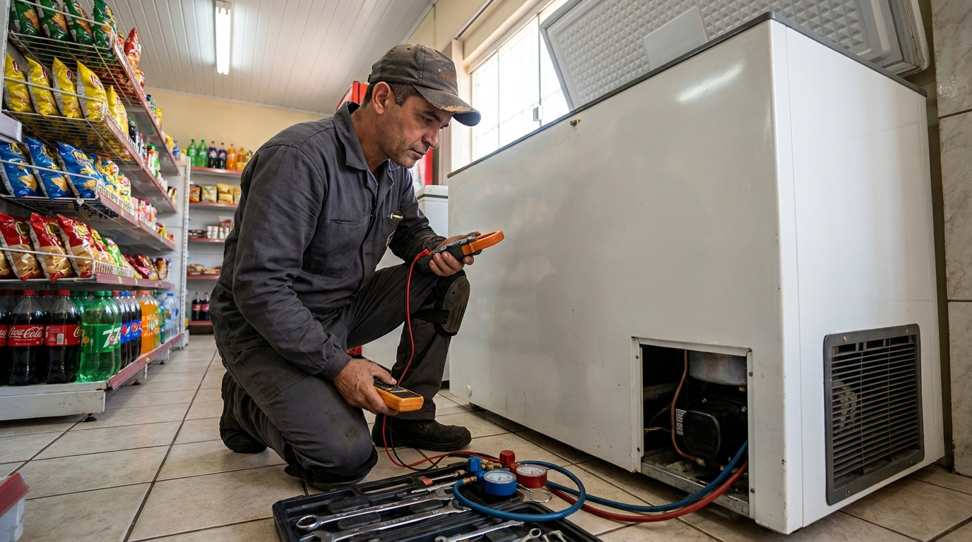 Reparo da placa eletrônica de um freezer em atendimento em Blumenau‑SC