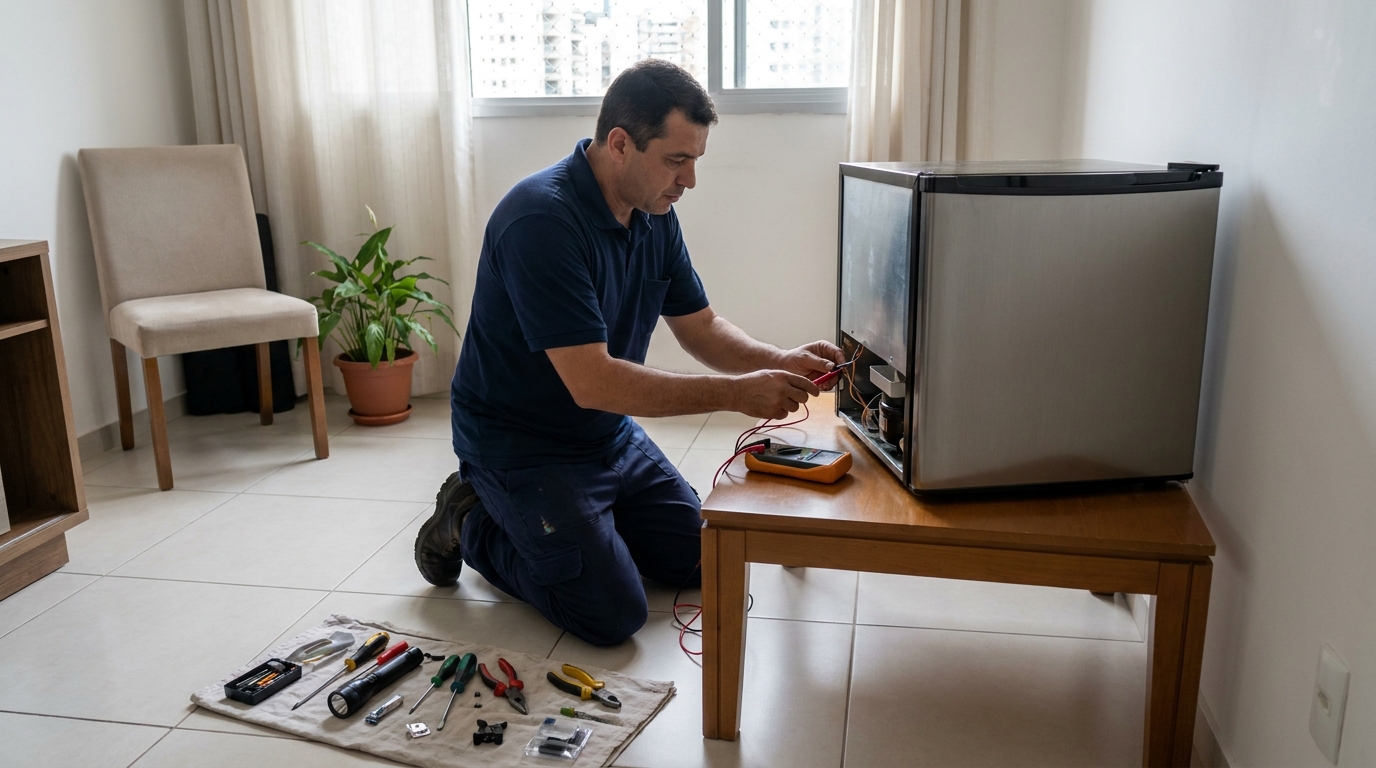 Técnico revisando o motor de um frigobar em Blumenau‑SC