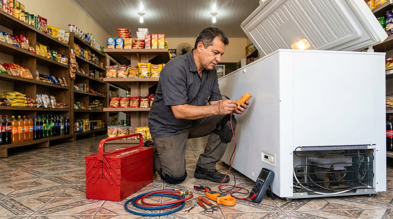 Manômetro conectado ao circuito durante recarga de gás de freezer em Blumenau‑SC