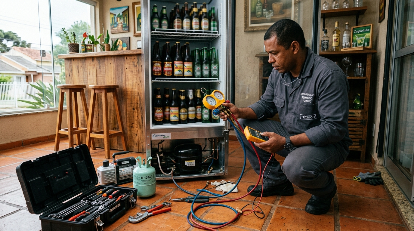 Técnico conferindo a temperatura de uma cervejeira durante atendimento em Blumenau‑SC
