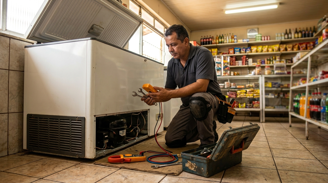 Técnico avaliando um freezer vertical durante atendimento em Blumenau‑SC