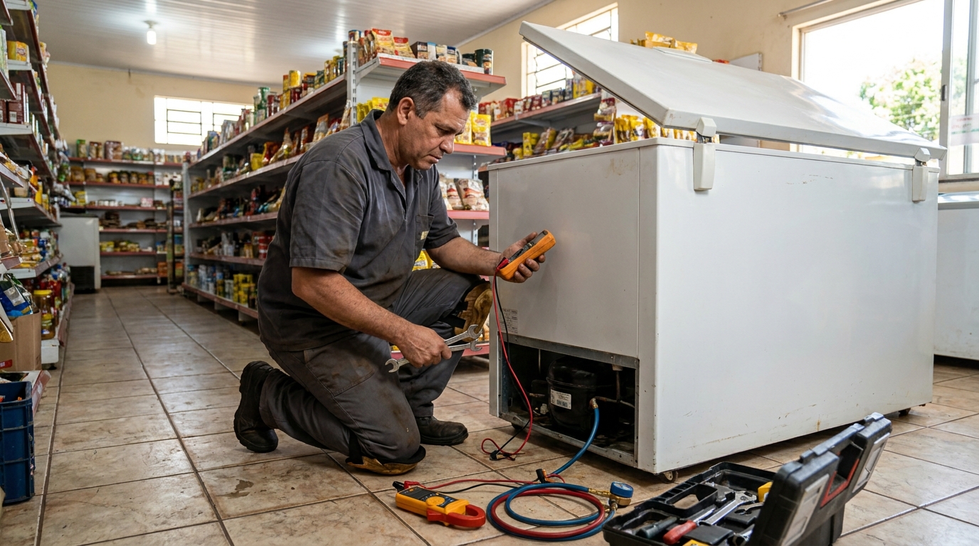 Troca de termostato de freezer em atendimento em Blumenau‑SC